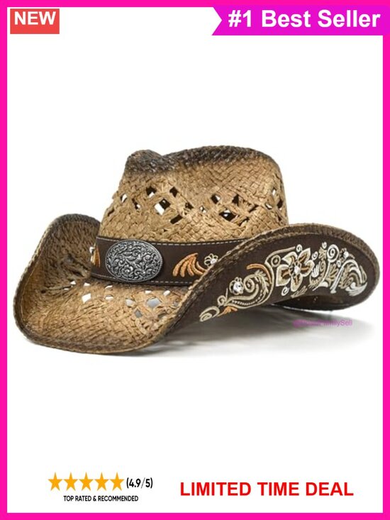 Accessories - Handmade Straw Western Cowboy Hat Floral Embroidered Adjustable